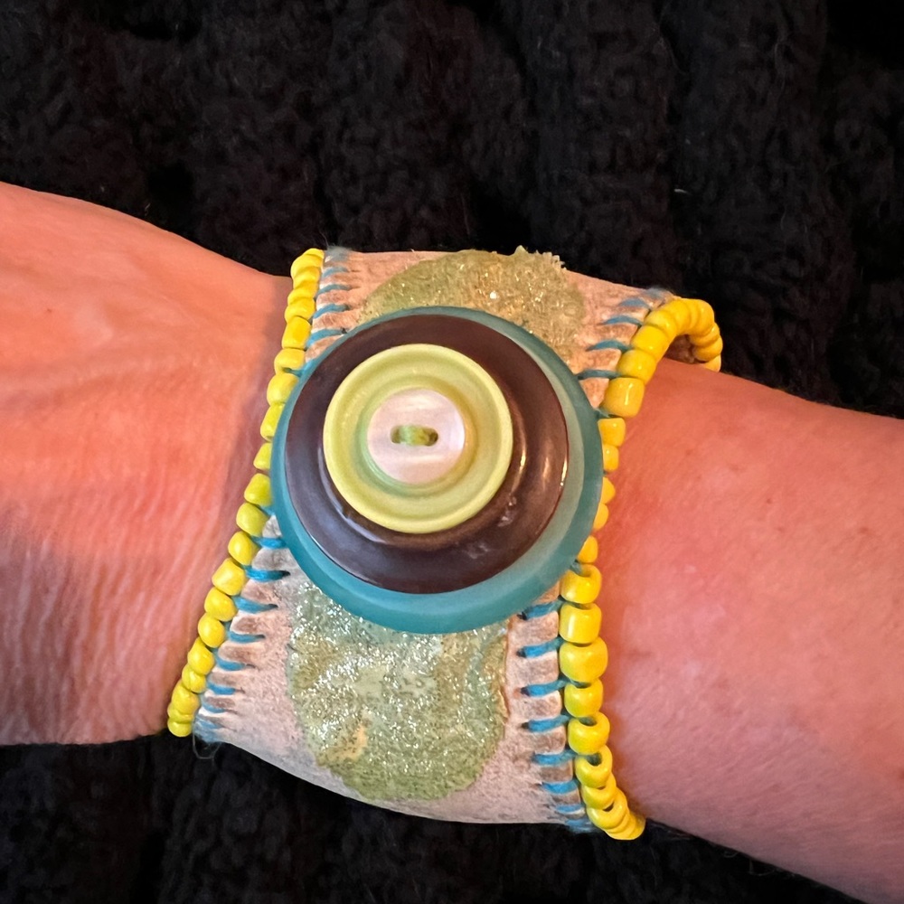 Upcycled One of a kind leather baseball skin with Vintage buttons with turquoise